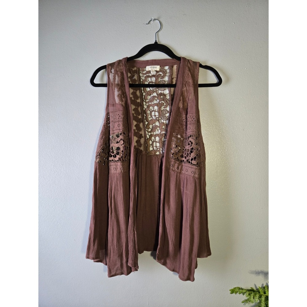 Umgee Lace Boho Sleeveless Vest | Mauve Brown |‎ M/L